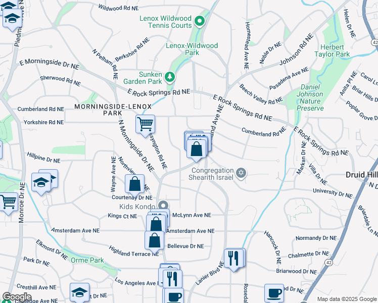 map of restaurants, bars, coffee shops, grocery stores, and more near 1413 Lanier Place Northeast in Atlanta
