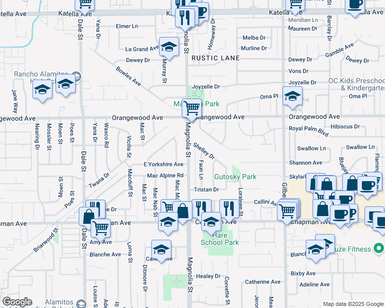 map of restaurants, bars, coffee shops, grocery stores, and more near 11662 Magnolia Street in Garden Grove