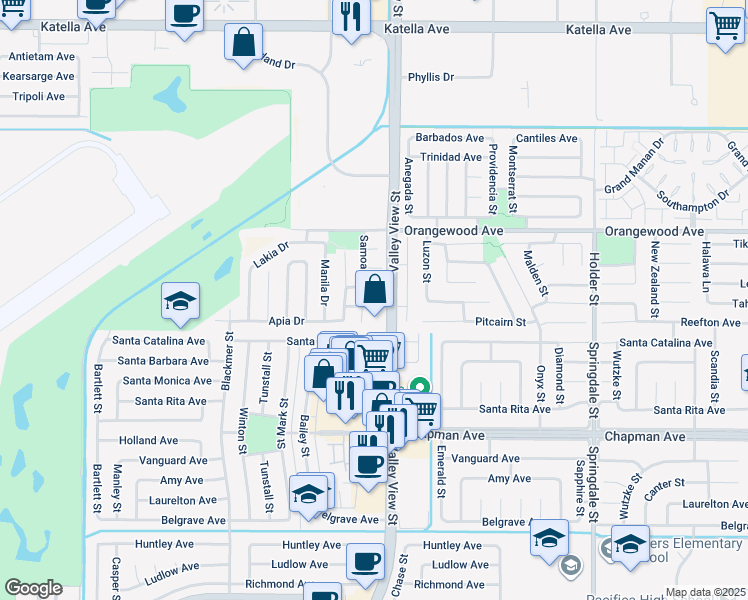 map of restaurants, bars, coffee shops, grocery stores, and more near 5967 Noumea Street in Cypress
