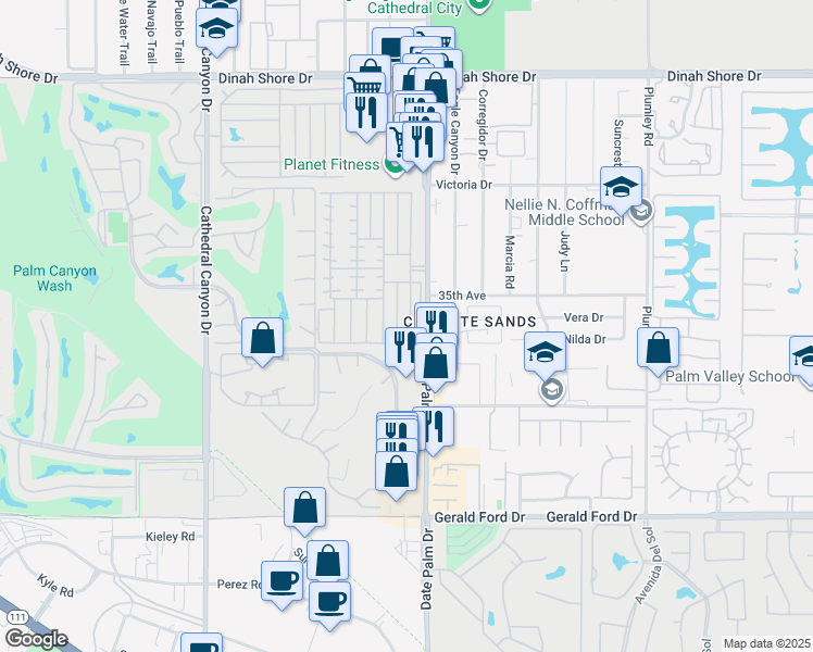 map of restaurants, bars, coffee shops, grocery stores, and more near 244 Standing Bear in Cathedral City