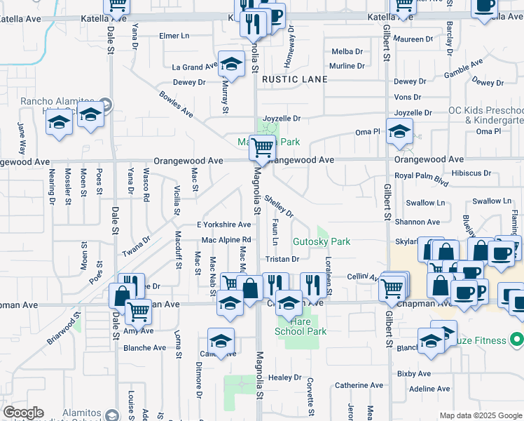 map of restaurants, bars, coffee shops, grocery stores, and more near 11662 Magnolia Street in Garden Grove