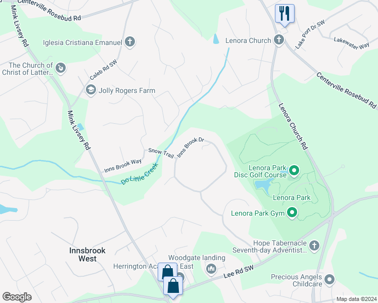 map of restaurants, bars, coffee shops, grocery stores, and more near 4289 Inns Brook Drive in Snellville