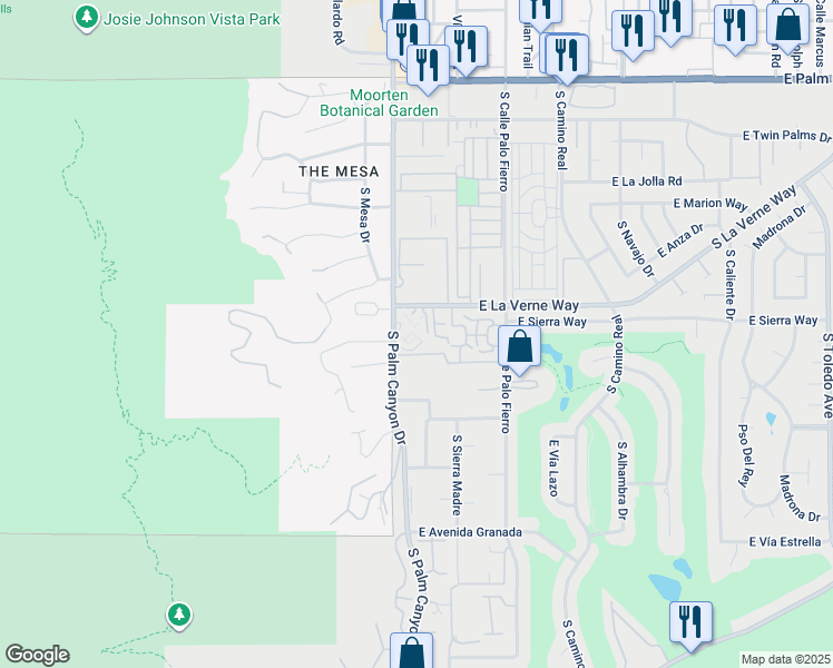 map of restaurants, bars, coffee shops, grocery stores, and more near 231 East La Verne Way in Palm Springs