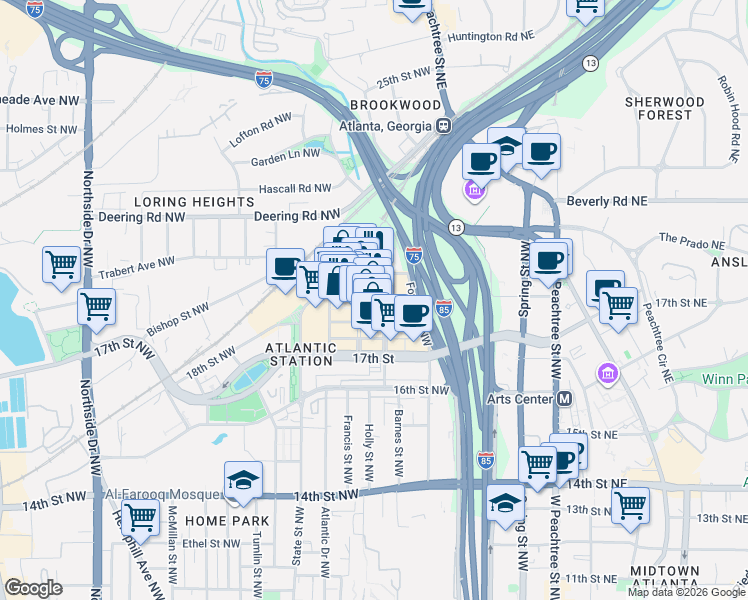 map of restaurants, bars, coffee shops, grocery stores, and more near 221 20th Street in Atlanta