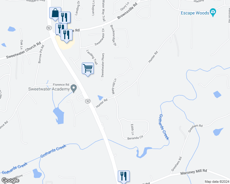 map of restaurants, bars, coffee shops, grocery stores, and more near 70 Mary Hill Lane in Douglasville