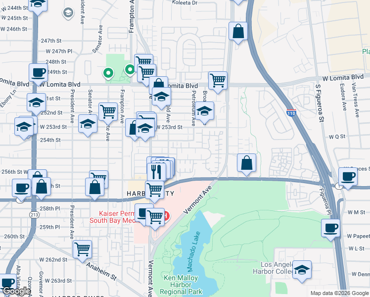 map of restaurants, bars, coffee shops, grocery stores, and more near 1050 Harbor Heights Drive in Los Angeles