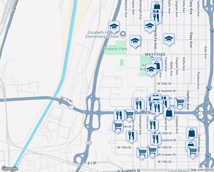 map of restaurants, bars, coffee shops, grocery stores, and more near 2221 West Williams Street in Long Beach