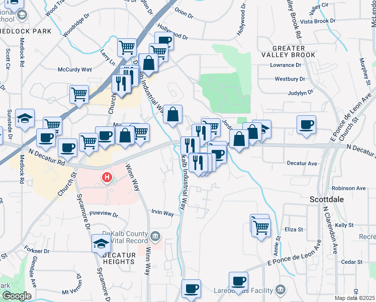 map of restaurants, bars, coffee shops, grocery stores, and more near 2855 North Decatur Road in Decatur