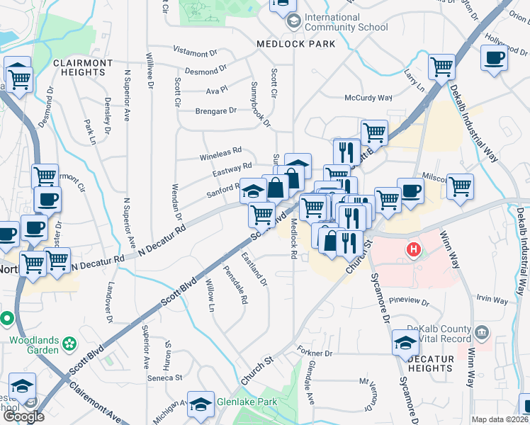 map of restaurants, bars, coffee shops, grocery stores, and more near 2453 North Decatur Road in Decatur
