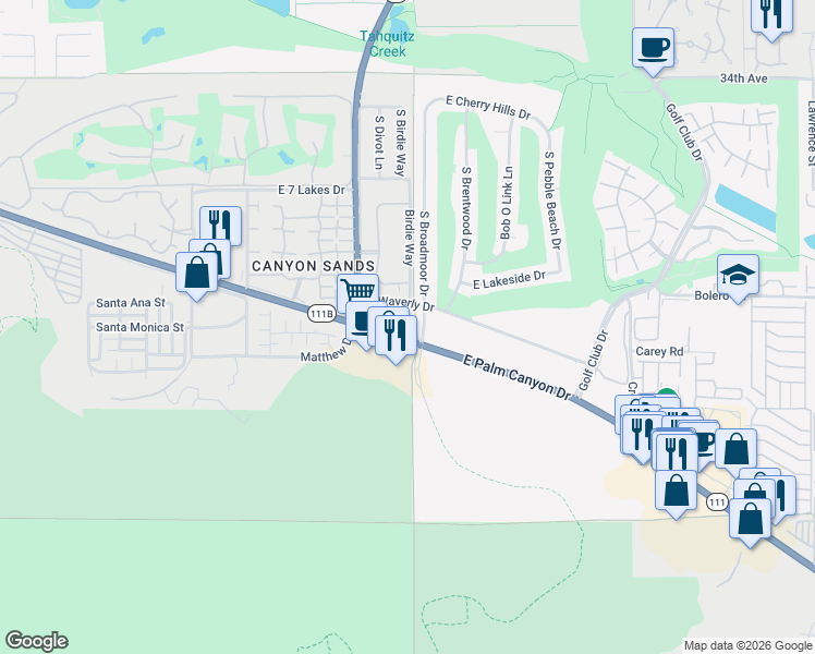 map of restaurants, bars, coffee shops, grocery stores, and more near 2601 South Broadmoor Drive in Palm Springs
