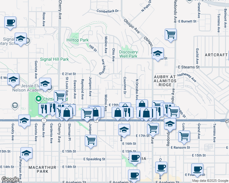 map of restaurants, bars, coffee shops, grocery stores, and more near 2722 East 20th Street in Signal Hill