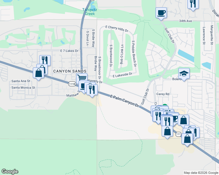map of restaurants, bars, coffee shops, grocery stores, and more near 5175 East Waverly Drive in Palm Springs