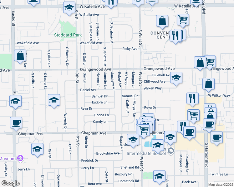 map of restaurants, bars, coffee shops, grocery stores, and more near 11812 Daniel Avenue in Garden Grove