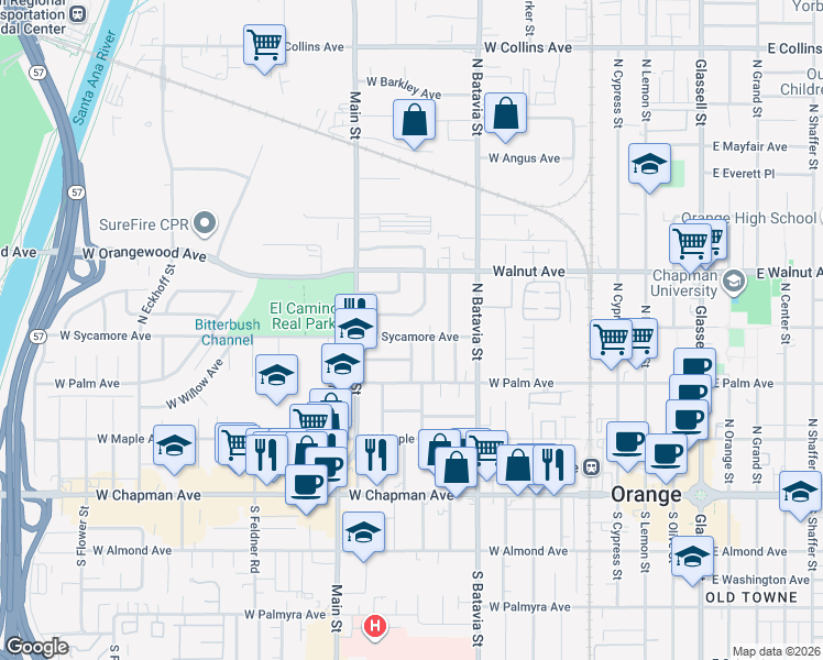 map of restaurants, bars, coffee shops, grocery stores, and more near 1139 West Sycamore Avenue in Orange