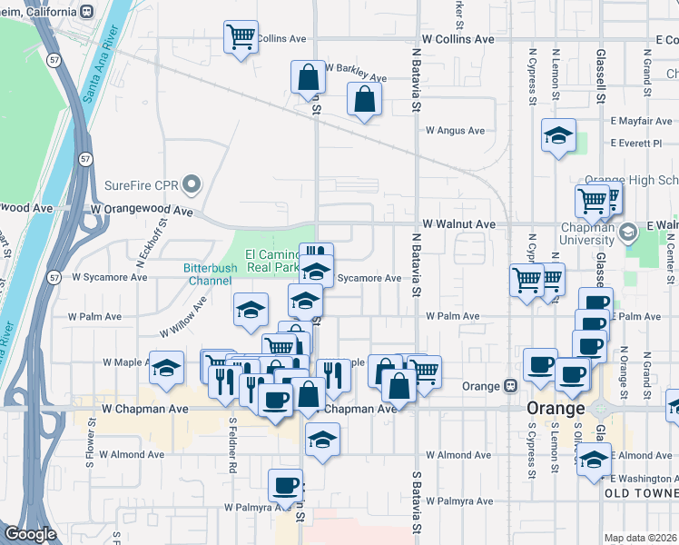 map of restaurants, bars, coffee shops, grocery stores, and more near 1235 West Sycamore Avenue in Orange