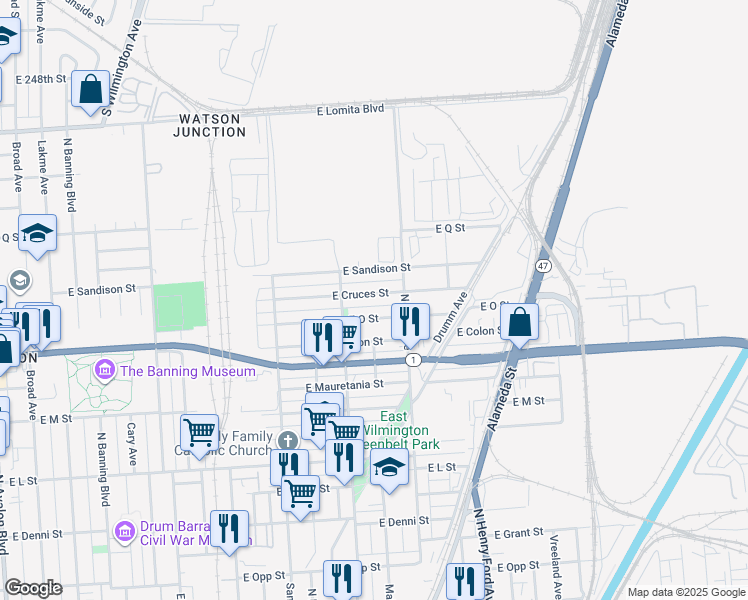 map of restaurants, bars, coffee shops, grocery stores, and more near 1402 East Cruces Street in Los Angeles