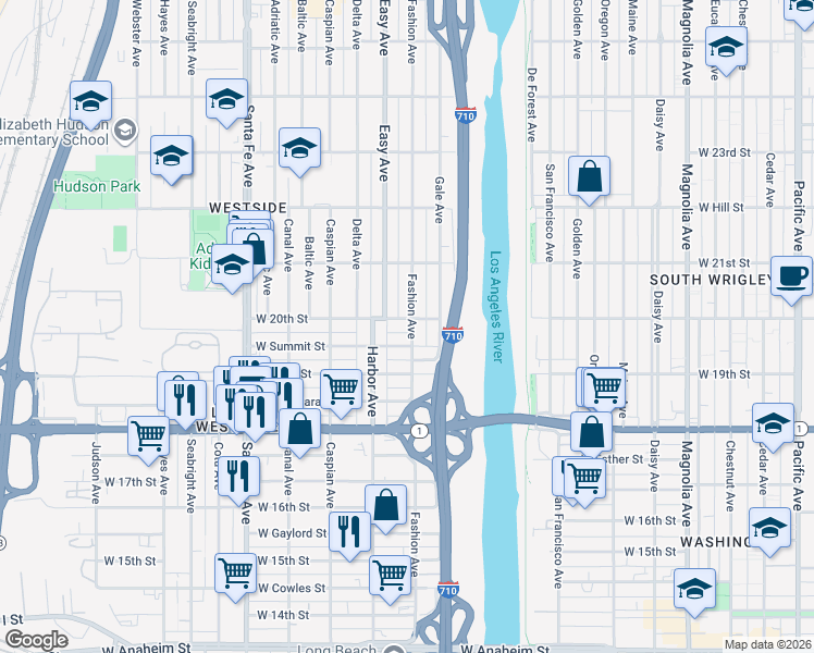 map of restaurants, bars, coffee shops, grocery stores, and more near 1300 West 20th Street in Long Beach