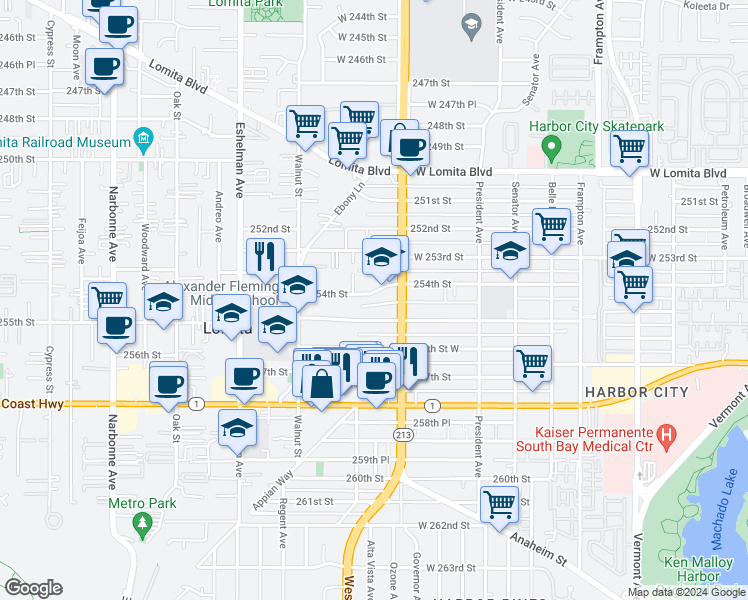 map of restaurants, bars, coffee shops, grocery stores, and more near 1732 254th Street in Lomita