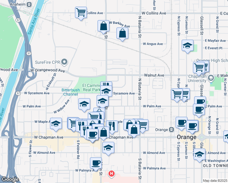 map of restaurants, bars, coffee shops, grocery stores, and more near 1237 West Sycamore Avenue in Orange