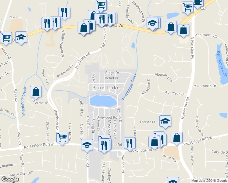 map of restaurants, bars, coffee shops, grocery stores, and more near 4624 Park Drive in Pine Lake