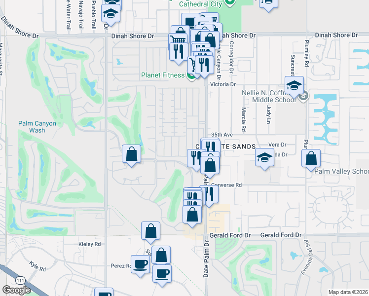 map of restaurants, bars, coffee shops, grocery stores, and more near 325 Coyote in Cathedral City