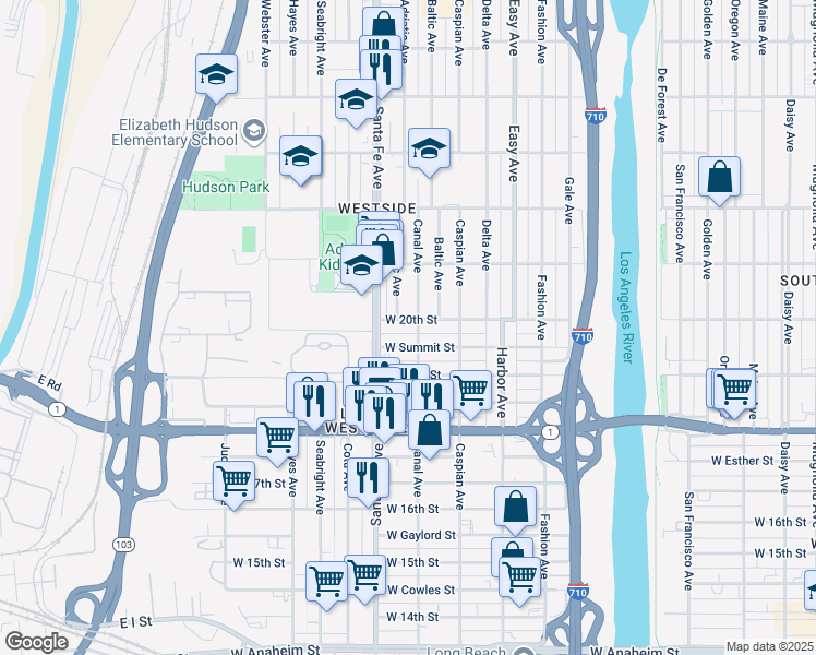 map of restaurants, bars, coffee shops, grocery stores, and more near 1552 West 20th Street in Long Beach