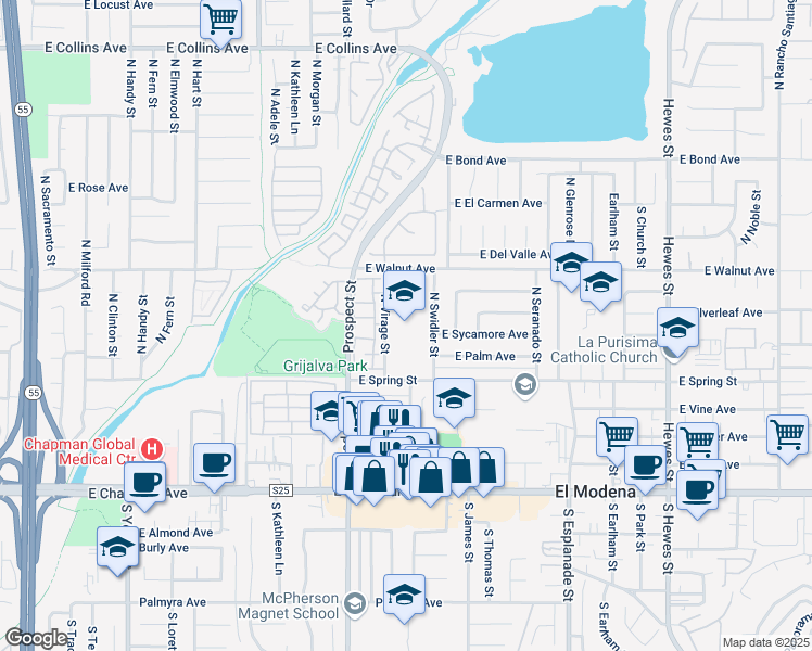 map of restaurants, bars, coffee shops, grocery stores, and more near 379 North Virage Street in Orange