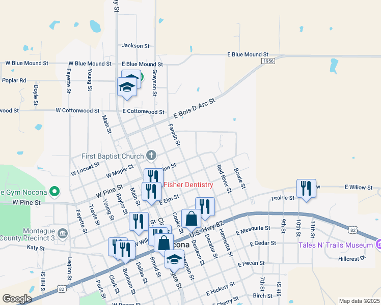 map of restaurants, bars, coffee shops, grocery stores, and more near 504 Fannin Street in Nocona