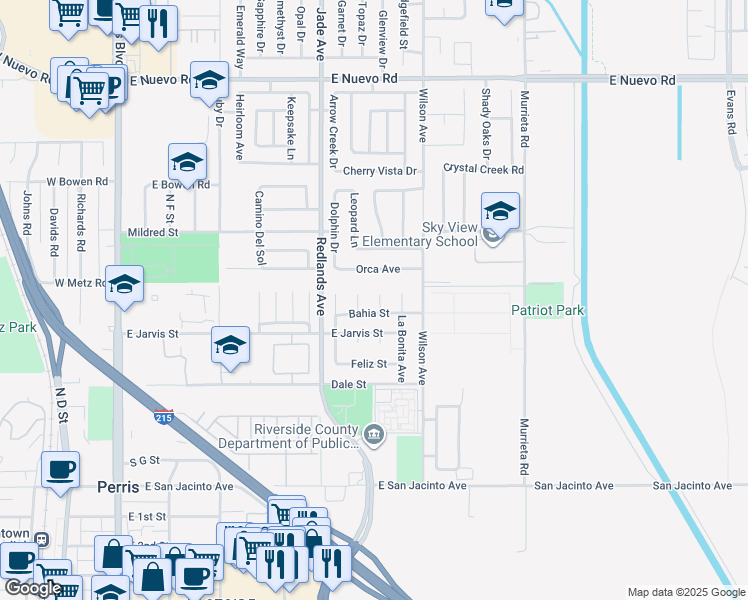 map of restaurants, bars, coffee shops, grocery stores, and more near 740 Manecita Circle in Perris