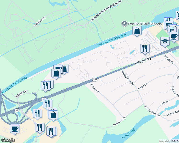 map of restaurants, bars, coffee shops, grocery stores, and more near 1 Dolphin Court in Myrtle Beach