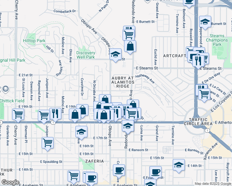 map of restaurants, bars, coffee shops, grocery stores, and more near 3247 East Grant Street in Signal Hill