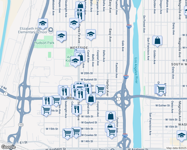 map of restaurants, bars, coffee shops, grocery stores, and more near 1530 West 20th Street in Long Beach