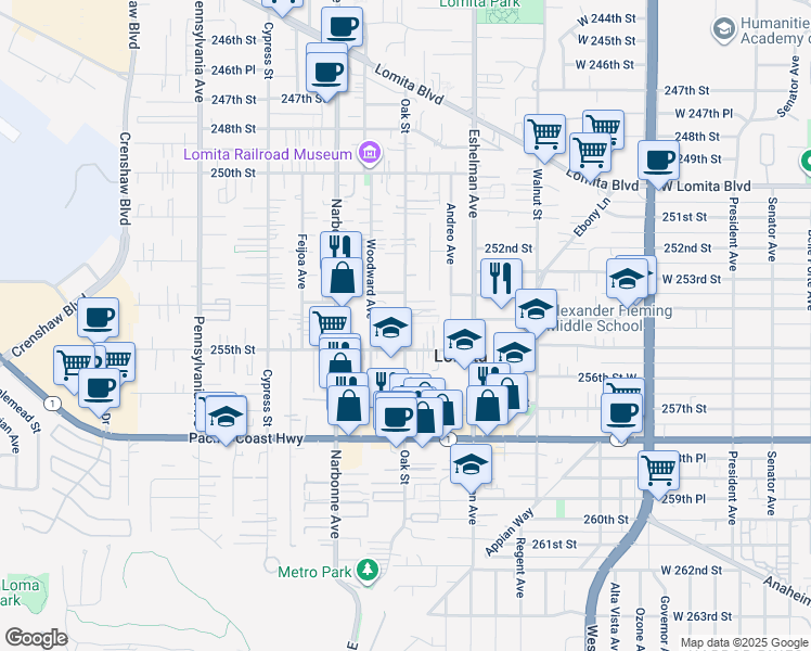 map of restaurants, bars, coffee shops, grocery stores, and more near Oak Street in Lomita