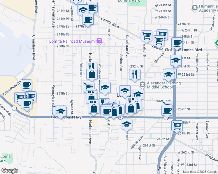 map of restaurants, bars, coffee shops, grocery stores, and more near Oak Street in Lomita