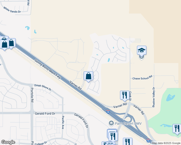 map of restaurants, bars, coffee shops, grocery stores, and more near 74518 Stage Line Drive in Thousand Palms