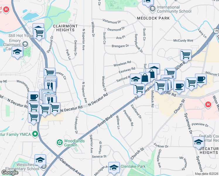 map of restaurants, bars, coffee shops, grocery stores, and more near 2252 Sanford Road in Decatur