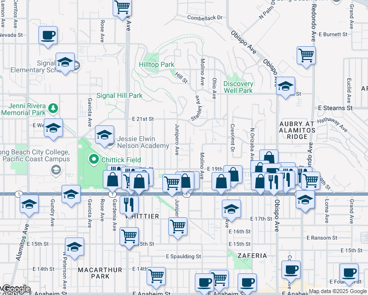 map of restaurants, bars, coffee shops, grocery stores, and more near 1999 Stanley Avenue in Signal Hill