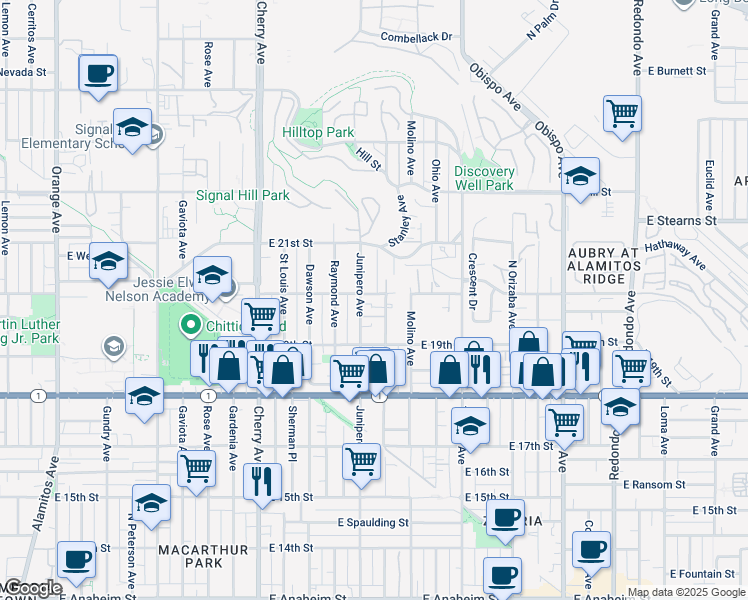 map of restaurants, bars, coffee shops, grocery stores, and more near 1999 Stanley Avenue in Signal Hill