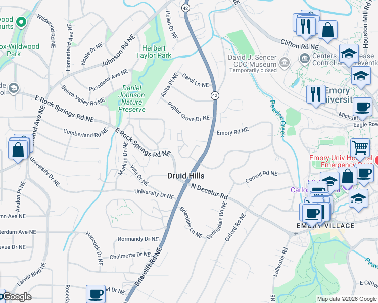 map of restaurants, bars, coffee shops, grocery stores, and more near 1400 Briarcliff Road Northeast in Atlanta