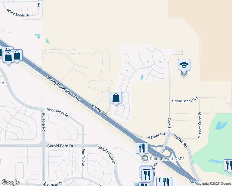 map of restaurants, bars, coffee shops, grocery stores, and more near 74518 Stage Line Drive in Thousand Palms