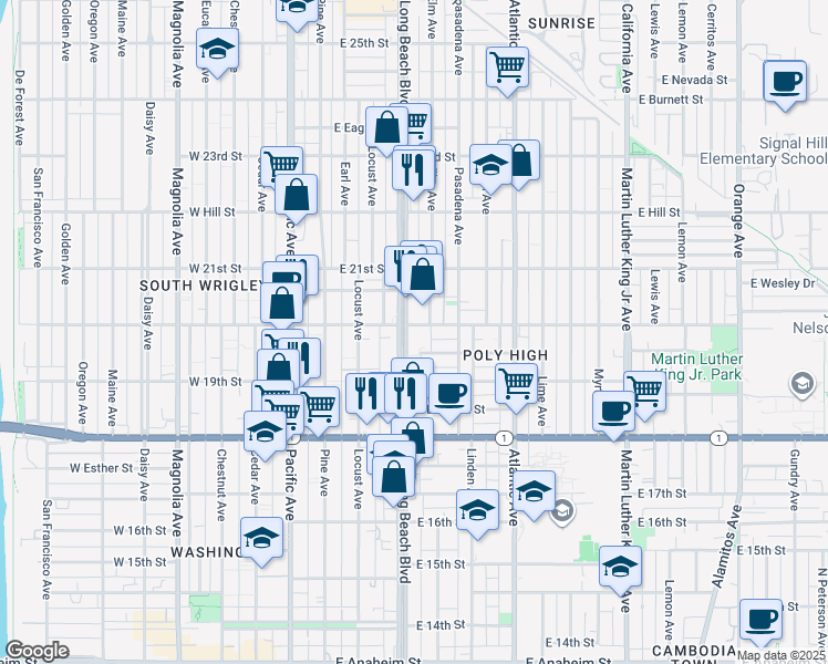 map of restaurants, bars, coffee shops, grocery stores, and more near 1990 Long Beach Boulevard in Long Beach