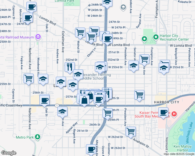 map of restaurants, bars, coffee shops, grocery stores, and more near 1736 254th Street in Lomita
