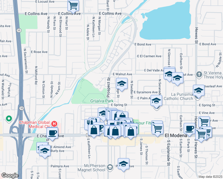 map of restaurants, bars, coffee shops, grocery stores, and more near 3331 East Carnegie Lane in Orange