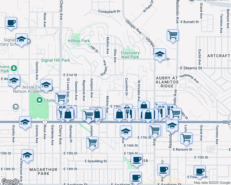 map of restaurants, bars, coffee shops, grocery stores, and more near 2744 East 20th Street in Signal Hill