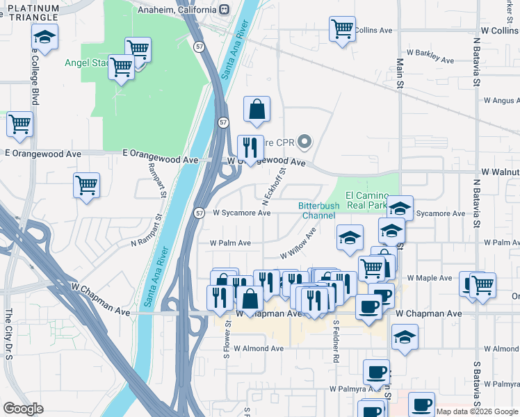 map of restaurants, bars, coffee shops, grocery stores, and more near 2032 West Cherry Drive in Orange