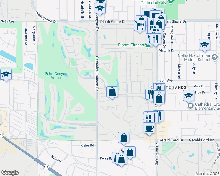 map of restaurants, bars, coffee shops, grocery stores, and more near 68614 Calle Cabra in Cathedral City