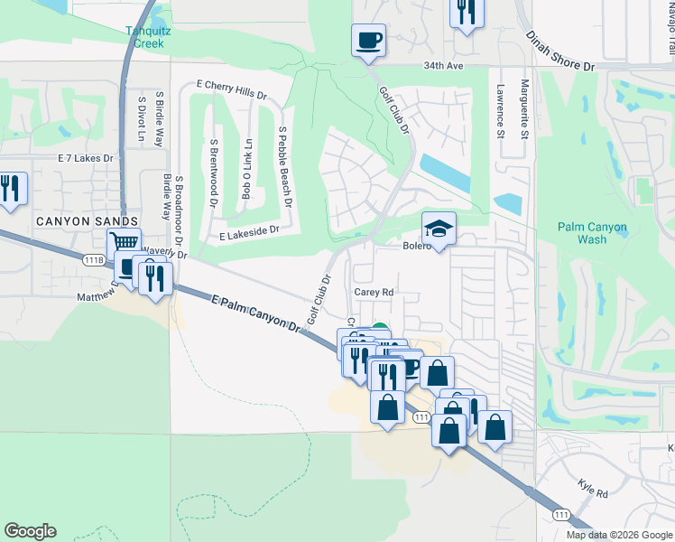 map of restaurants, bars, coffee shops, grocery stores, and more near 2700 Golf Club Drive in Palm Springs