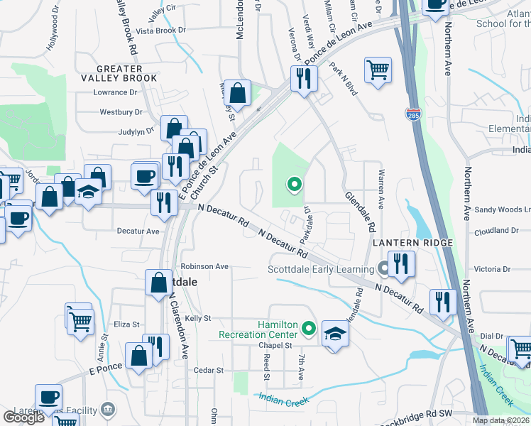 map of restaurants, bars, coffee shops, grocery stores, and more near 3175 Mills Creek Circle in Scottdale