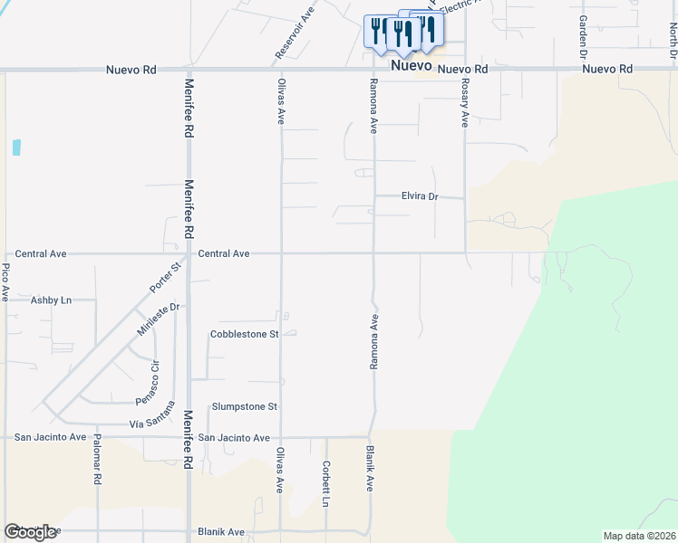 map of restaurants, bars, coffee shops, grocery stores, and more near 29385 Central Avenue in Nuevo