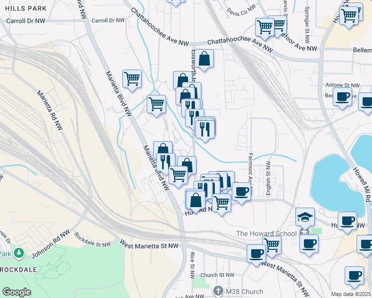 map of restaurants, bars, coffee shops, grocery stores, and more near 1372 Rietveld Row Northwest in Atlanta